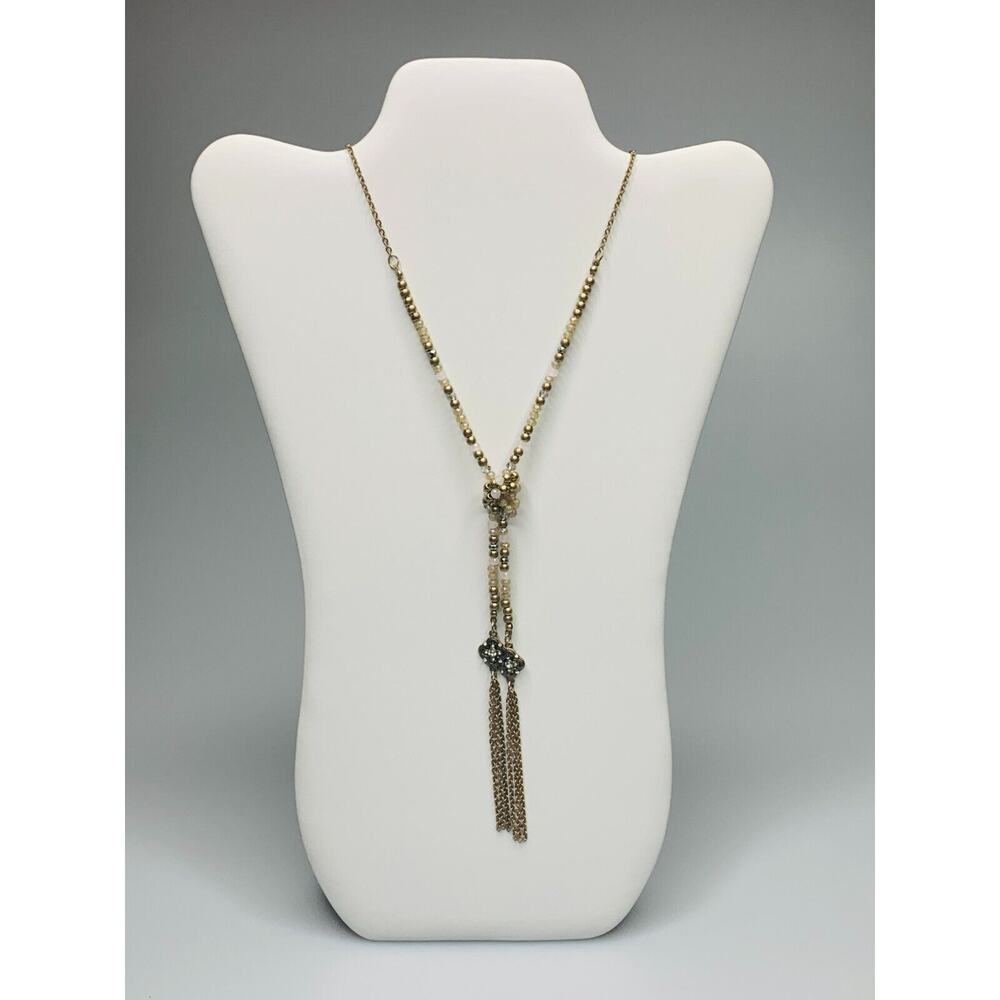 Long Gold Tone Beaded Tassel Necklace with Beaded Knot